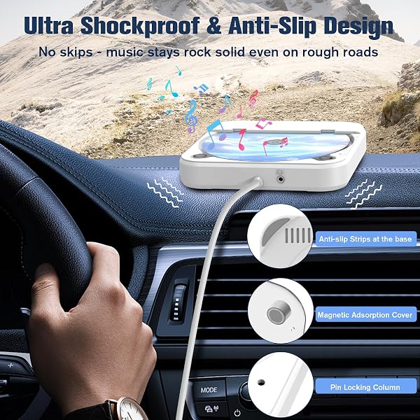 PORTABLE CD PLAYER FOR CAR WITH USB & AUX – UNIVERSAL EXTERNAL CD DRIVE WITH ANTI-SKIP, USB EXTENSION CABLE, PLUG & PLAY FOR VEHICLE, LAPTOP, TV – COMPATIBLE WITH ANDROID 4.4+