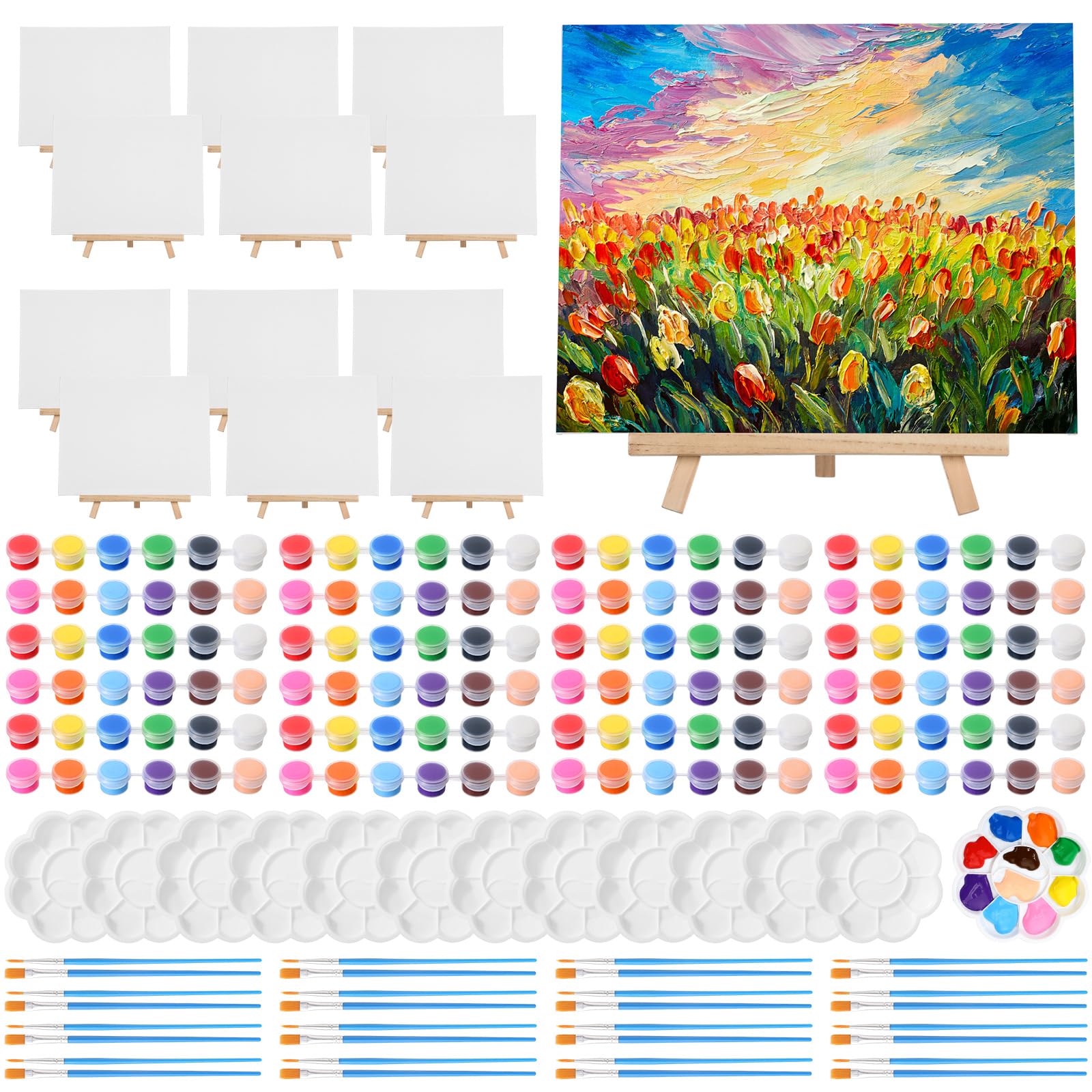 Photo 1 of Qilery 12 Set Acrylic Paint Kit Mini Stretched Canvas with Easel, Acrylic Paints Strips, Brushes, Palette, Art Set for Kids Adults Classroom Birthday Party Favors (8 x 10 Inch)