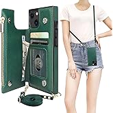 Bocasal Crossbody Wallet Case for iPhone 13 with RFID Blocking Card Slot Holder, Magnetic Flip Folio Purse Case, PU Leather Zipper Handbag with Detachable Lanyard Strap 6.1 Inch 5G (Green)