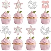 12 PCS Silver Pink oh baby Cupcake Toppers - Snowflake Themed Cupcake Decorations, Baby Shower, Gender Reveal, Children's Birthday Party Cupcake Decor