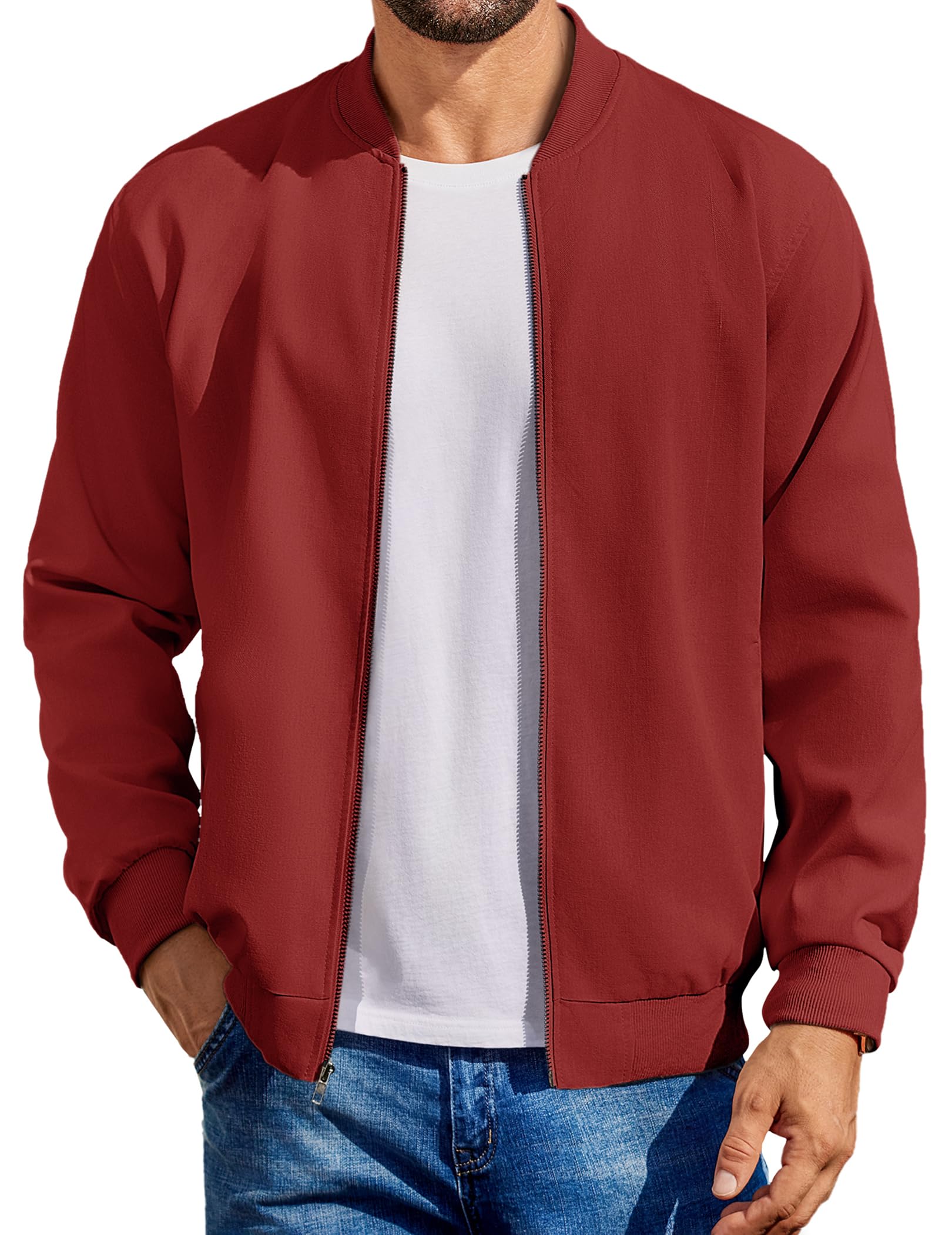 Photo 1 of COOFANDY Men's Cotton Bomber Jacket Lightweight Casual Windbreaker Jacket Flight Varsity Softshell Coat Wine Red, X-Large