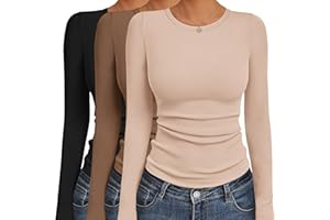 Ekouaer Women's Long Sleeve Shirts 3 Packs Crew Neck Stretchy Fitted Tops Ribbed Base Layer Soft Thermal Undershirts Tee