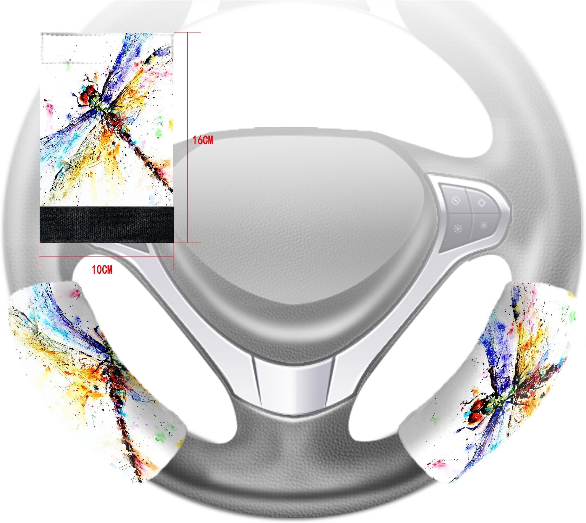 RRRcar Custom Colorful Dragonfly Art Steering Wheel Cover Hook and Loop Covers for Car Size 10x16cm 2 PCS