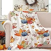 Fall Throw Blanket Autumn Pumpkins Blankets Watercolor Harvest Maple Leaves Bed Throw Soft Cozy Flannel Fleece Couch Cover Fuzzy Plush Gifts Blankets for Sofa Bed 60" X 80"