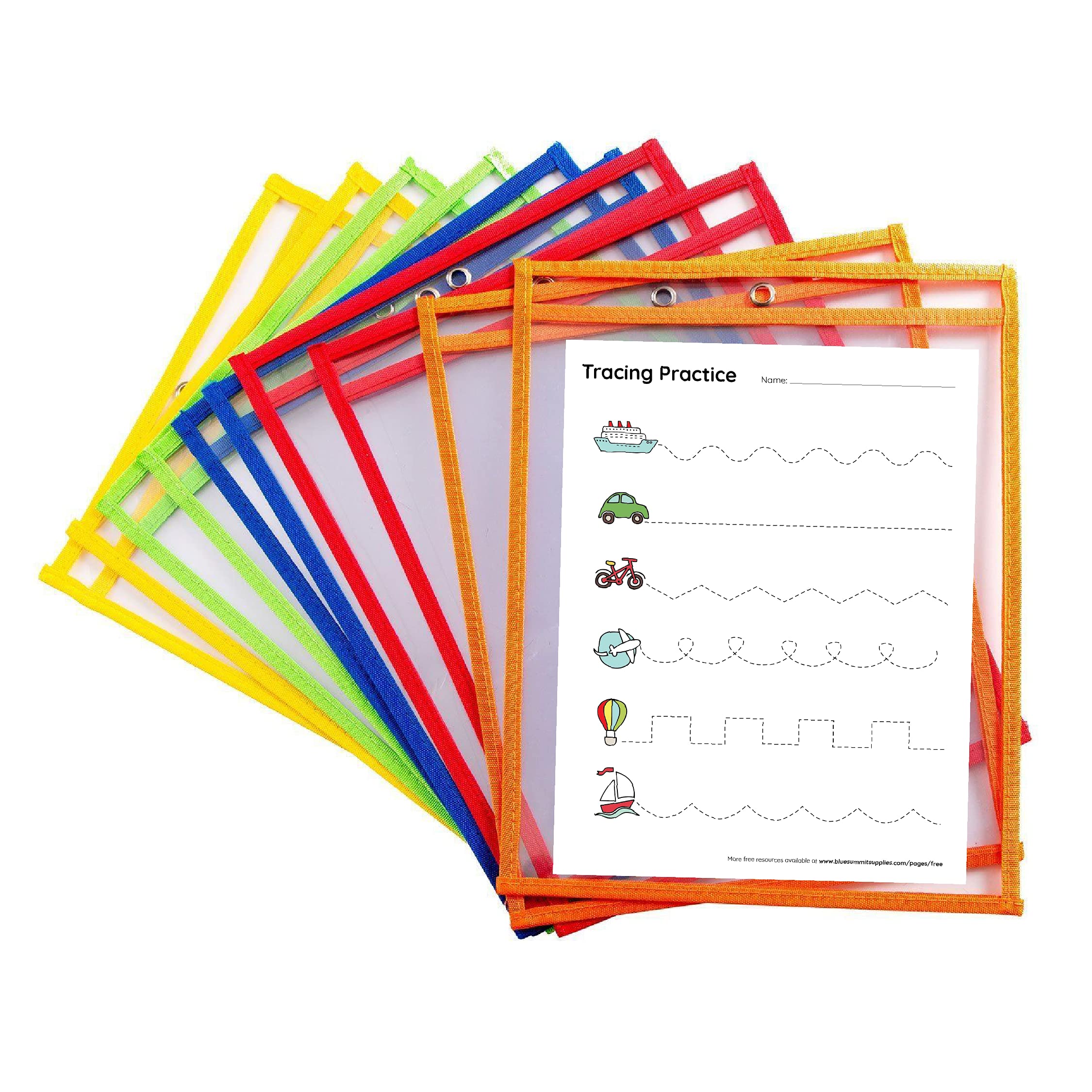 Photo 1 of 10 Dry Erase Pockets, Oversize 10 Inch x 13 Inch Pockets, Perfect for Classroom Organization, Reusable Dry Erase Pockets, Teaching Supplies, Multi-Color, 10 Pack