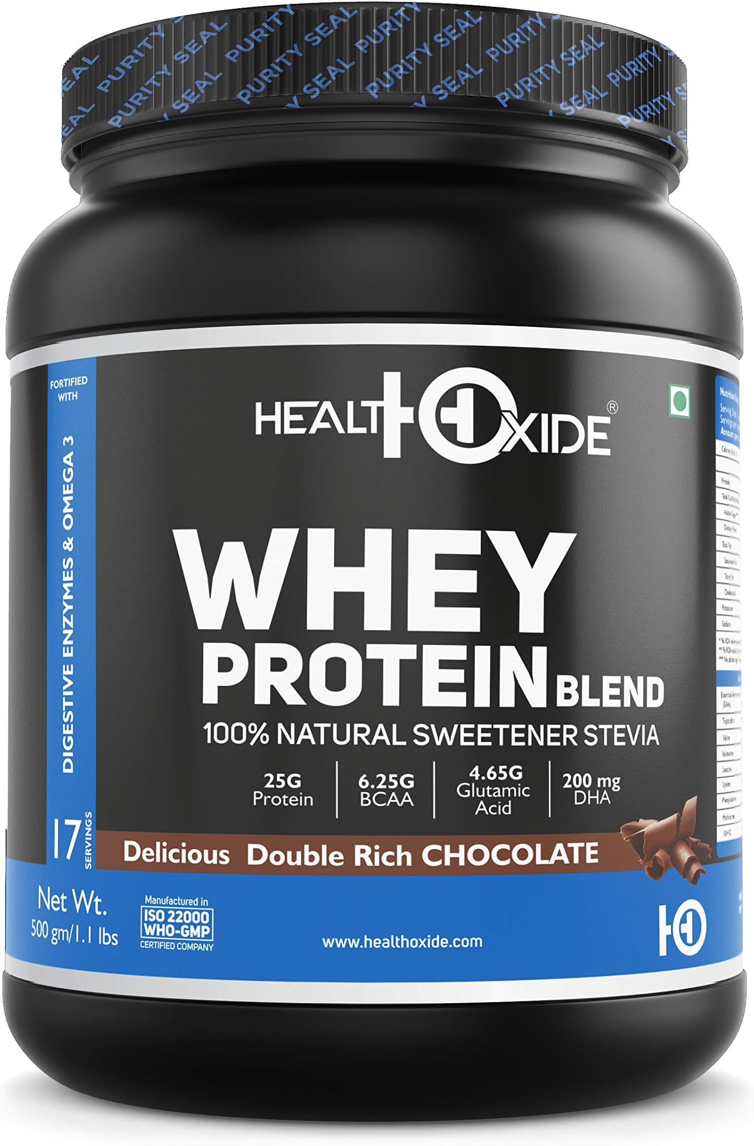 HealthOxide Whey Protein with 100% Natural Sweetener Stevia, Omega 3 and Digestive Enzymes – 500 g (Delicious Double Rich Chocolate)
