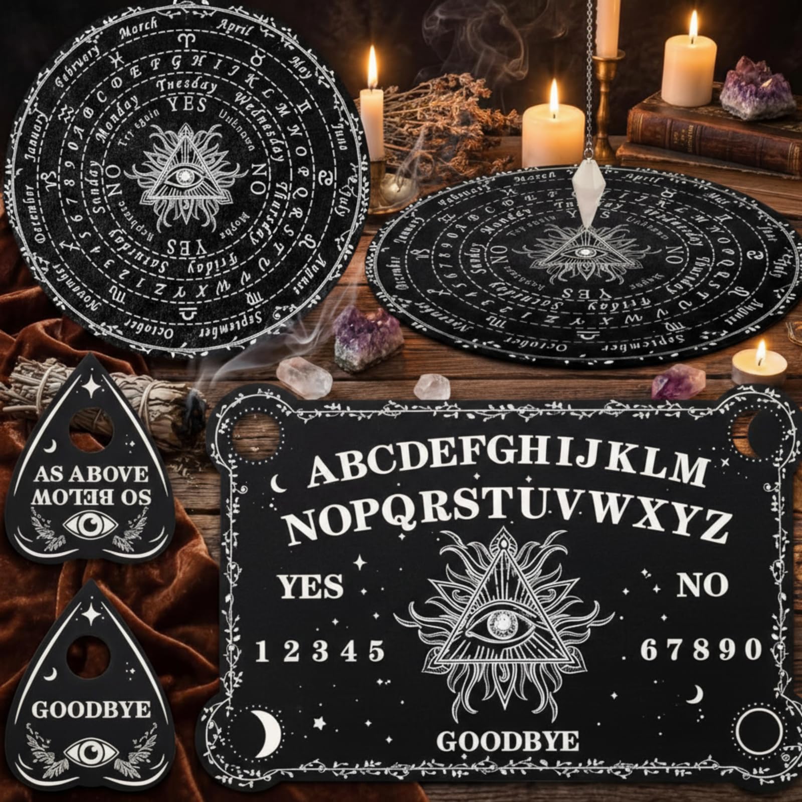 Threan Pendulum Dowsing Divination Board with Amethyst Set Wooden Spirit Talking Board Metaphysical Message Crystal Pendulum Necklace with Planchette for Wiccan Supply(Eye Style)