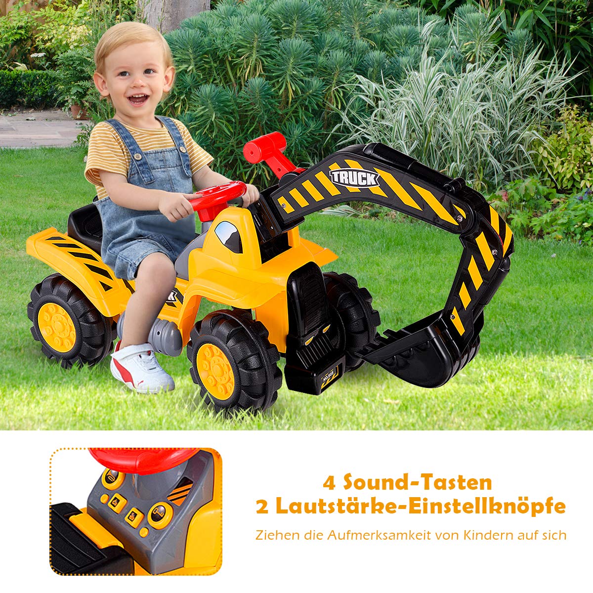 COSTWAY Sitzbagger mit eingebautem Ablagefach, Kinderbagger mit Horn, Sandbagger, Rutscher Bagger, Schaufelbagger, Aufsitzbagger für Kinder ab 3 Jahren, inkl. 3 Steine und Helm 3