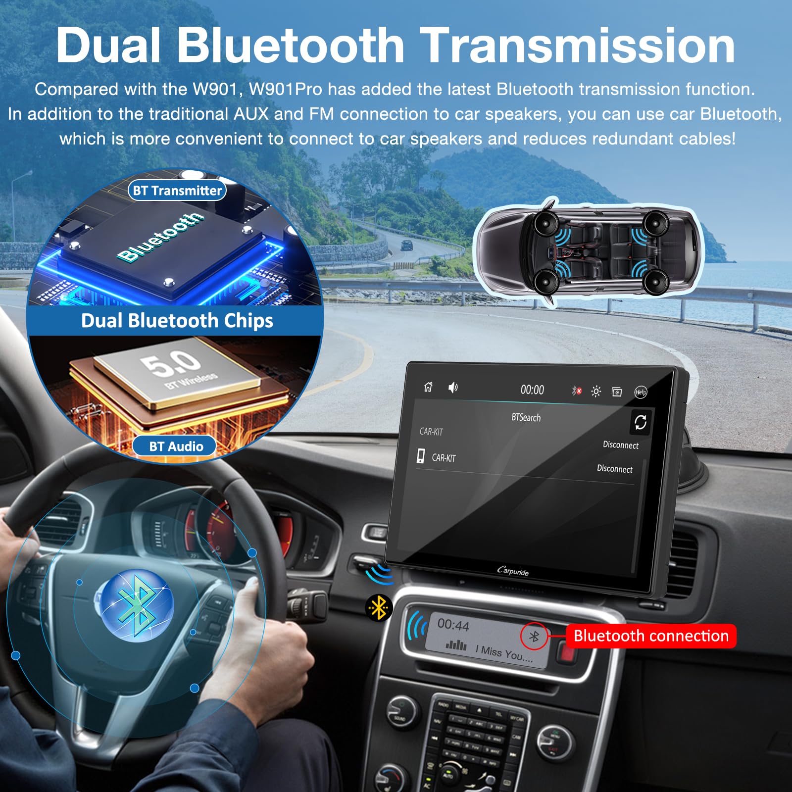 Carpuride W901 Pro Portable Carplay & Android Auto with Dula Bluetooth, 9 inch 1080P Touch Screen, Mirror Link/GPS/Siri/FM, Support Truck Dashboard Mounted