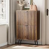 Smart FENDEE Fluted Shoe Storage for Entryway, Walnut Hidden Cabinet with Metal Legs, Organizer with Flip Doors, Slim Entryway Storage