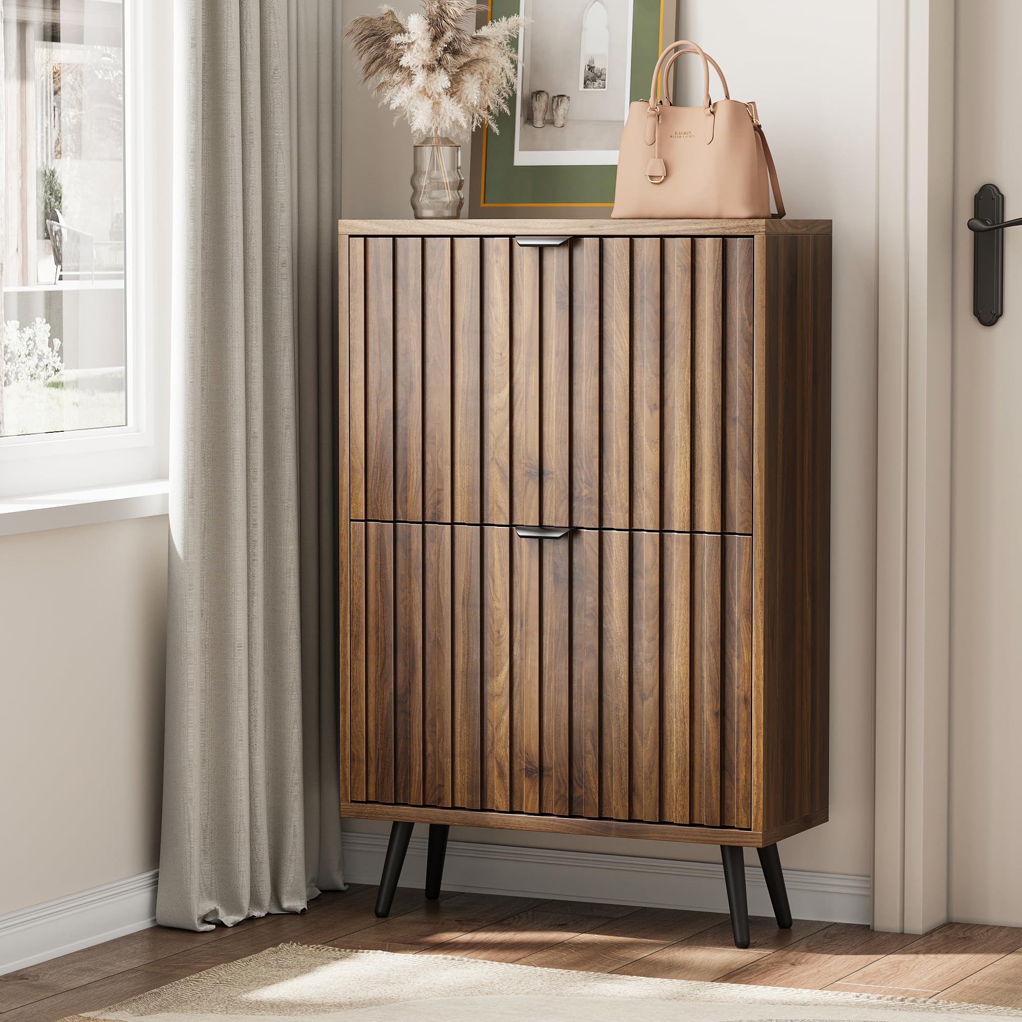 Photo 1 of (for parts/ broken leg) Smart FENDEE Fluted Shoe Storage for Entryway, Walnut Hidden Cabinet with Metal Legs, Organizer with Flip Doors, Slim Entryway Storage