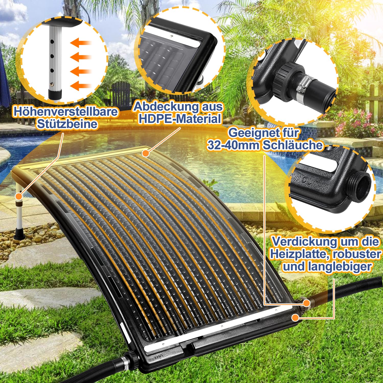 Vigevee Sonnenkollektor Poolheizung, 113x69x35cm Solarheizung Maximaler Durchfluss 10000 L/h, Pool Heizungen Solaranlage für Warmwasser, Gartendusche, Pool 6