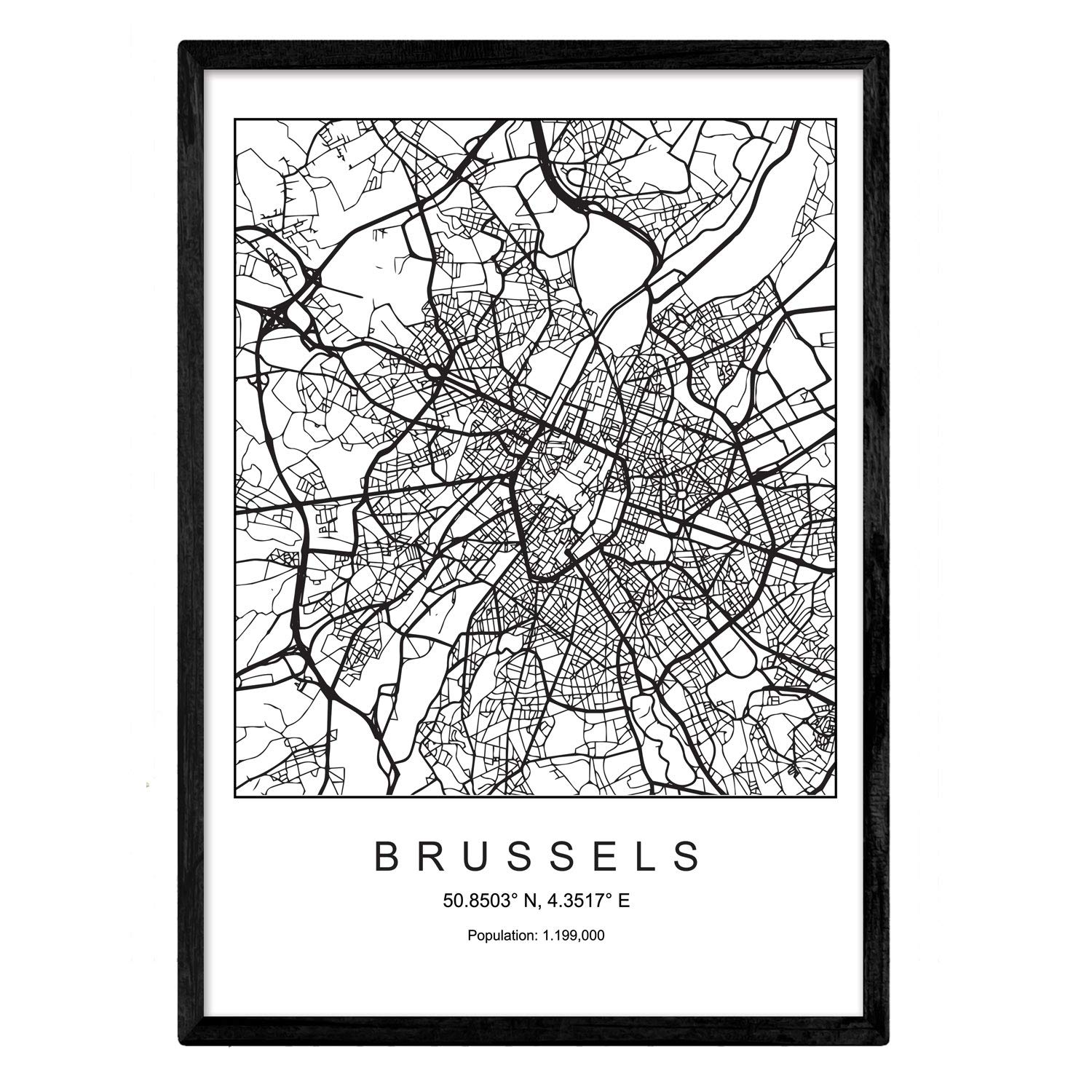 Nacnic Print city map Brussels Scandinavian style in black and white. A3 size,printed poster paper No 250 gr. Paintings, prints and posters for living room and bedroom