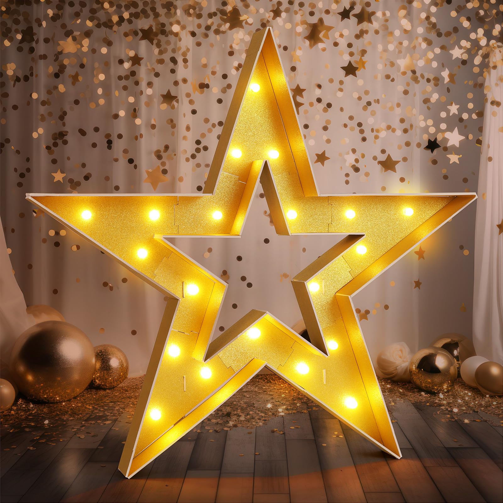 Photo 1 of Aurelema Large Star Light Up Decoration 4ft Light up Star Movie Night Party Decorations Battery Powered for Red Carpet Event Awards Night Ceremony Movie Theme Party Decorations (Golden)