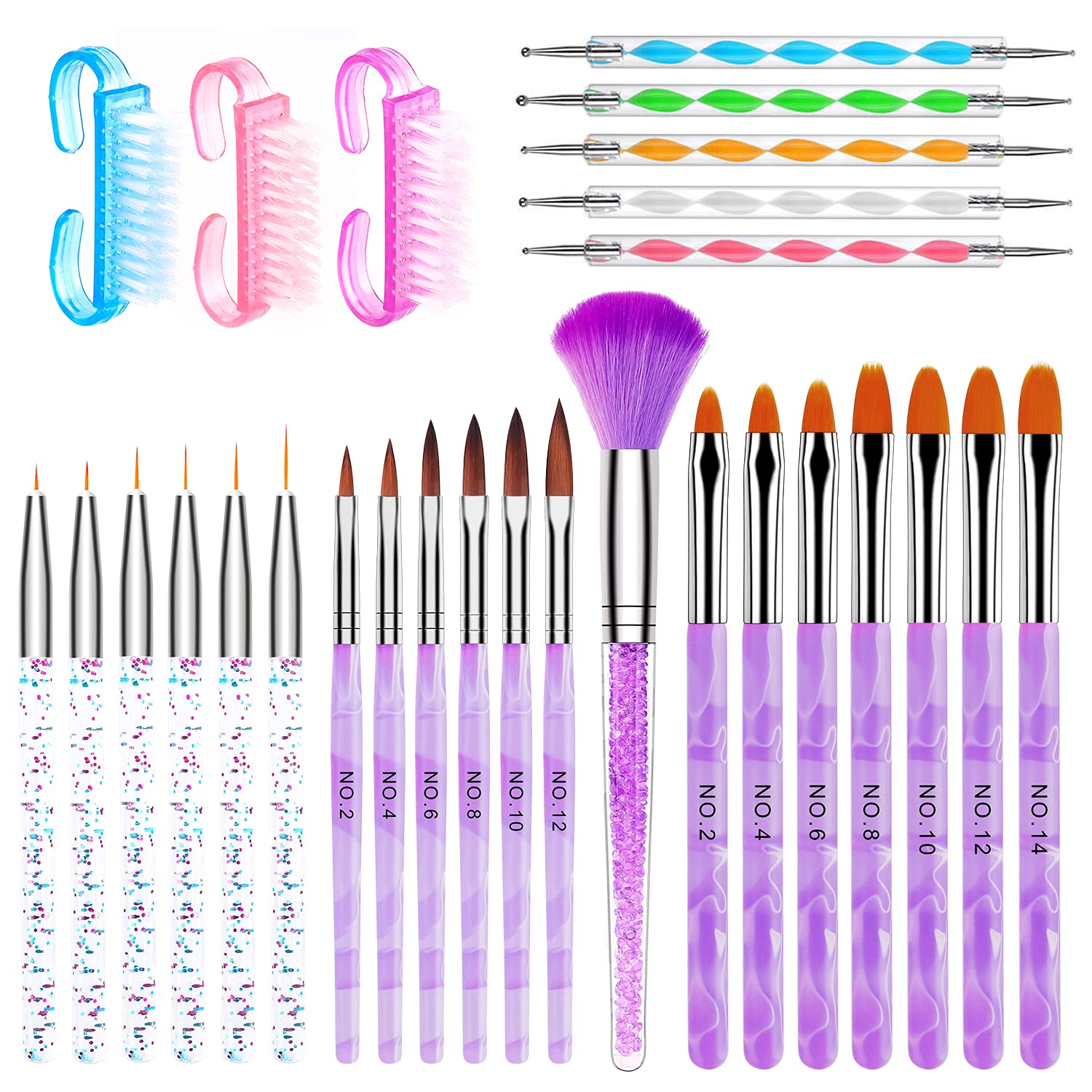 28 Pcs Acrylic Nail Brush Set Including 7 Pcs UV Gel Nail Art Brushes, 6 Pcs 3D Nail Extension Brush, 5Pcs Double Ended Dotting Nail Pen For Nail Art DIY With White Box