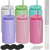 UIRZOTN 6Pack Glass Cups with Lids and Straws, 16oz Stainless Steels Cups, Beer Cup, Iced Coffee Cups, Smoothie Cup, Sublimation Tumbler (Shiny Polished Finish, Sublimatable)