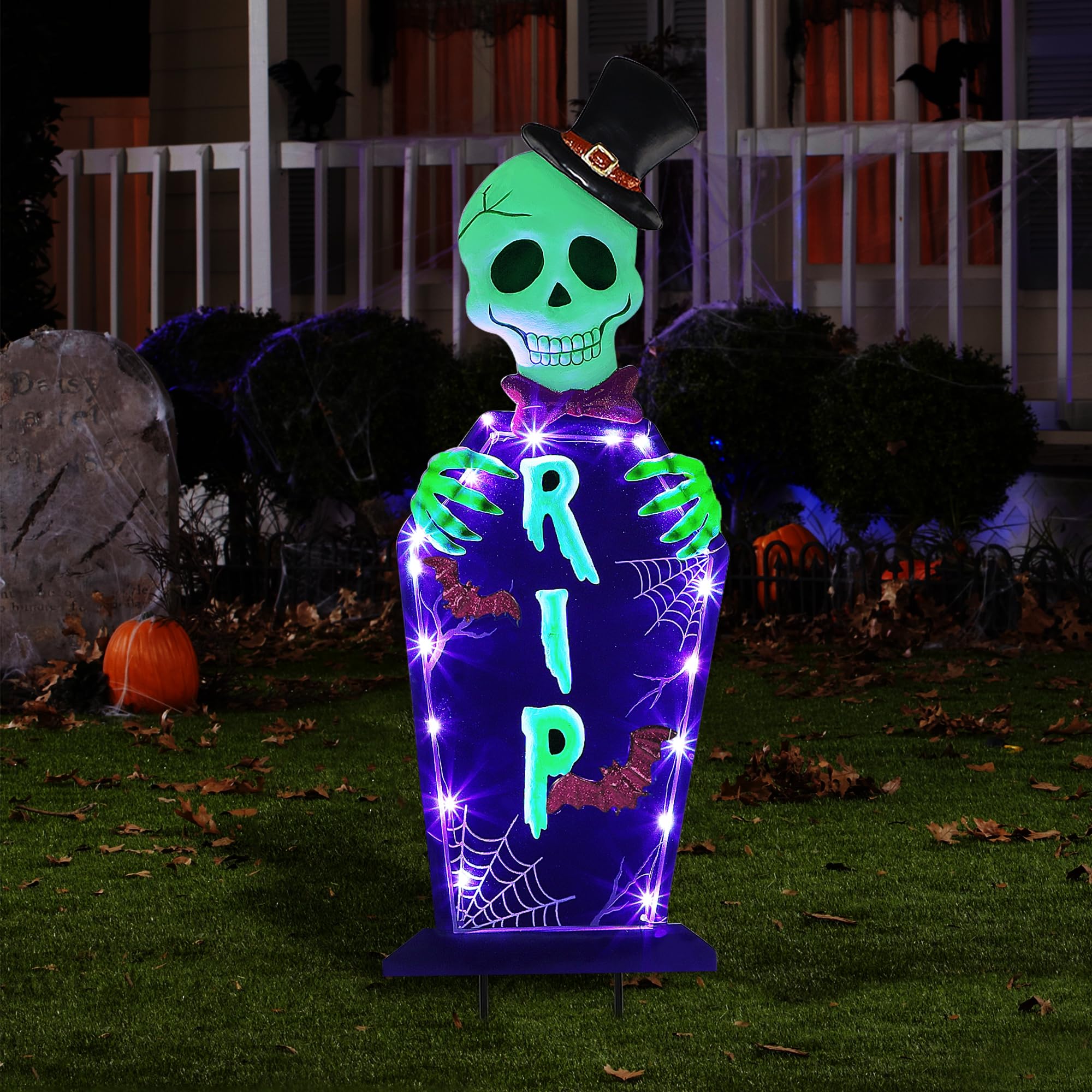 Photo 1 of Joliyoou Halloween Yard Stake, 26.4" Solar Lighted Metal Tombstone with Glow in The Dark Ghosts, 18 LED Purple Lights Spooky Yard Sign for Outdoor Front Door Yard Lawn Garden Decorations