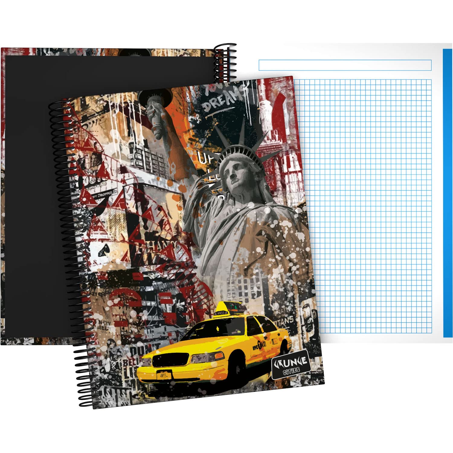 Grafoplás 16502646 Spiral Notebook A4, Hardcover, 5x5 Grid, 5 Color Bands, New York, Grunge Cities Collection, FSC Certified