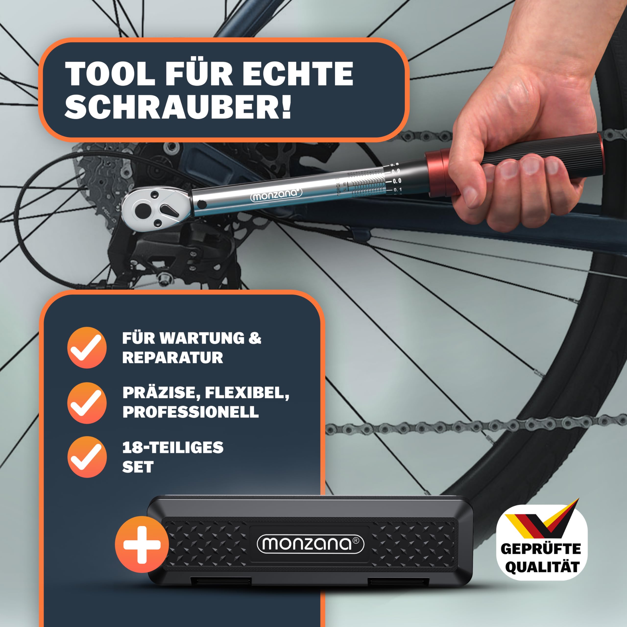 Monzana® Drehmomentschlüssel Fahrrad 18 tlg. Set 1/4 Zoll 1-25 NM ±3% CV-Stahl Verlängerung Transportbox Hochwertiges Bitset Werkzeug Motorrad 2