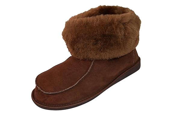 Naturasan Lammfell-Hüttenschuhe Damen Hausschuhe/Warmer Mokassin mit Fester Sohle und Stulpe/Braun