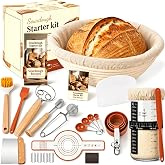 Sourdough Starter Kit, Sourdough Bread Baking Supplies, Banneton Bread Proofing Basket with Starter Jar, Dough Whisk, Scrapers, Recipe, Round Bread Proofing Basket, for Bread Baking