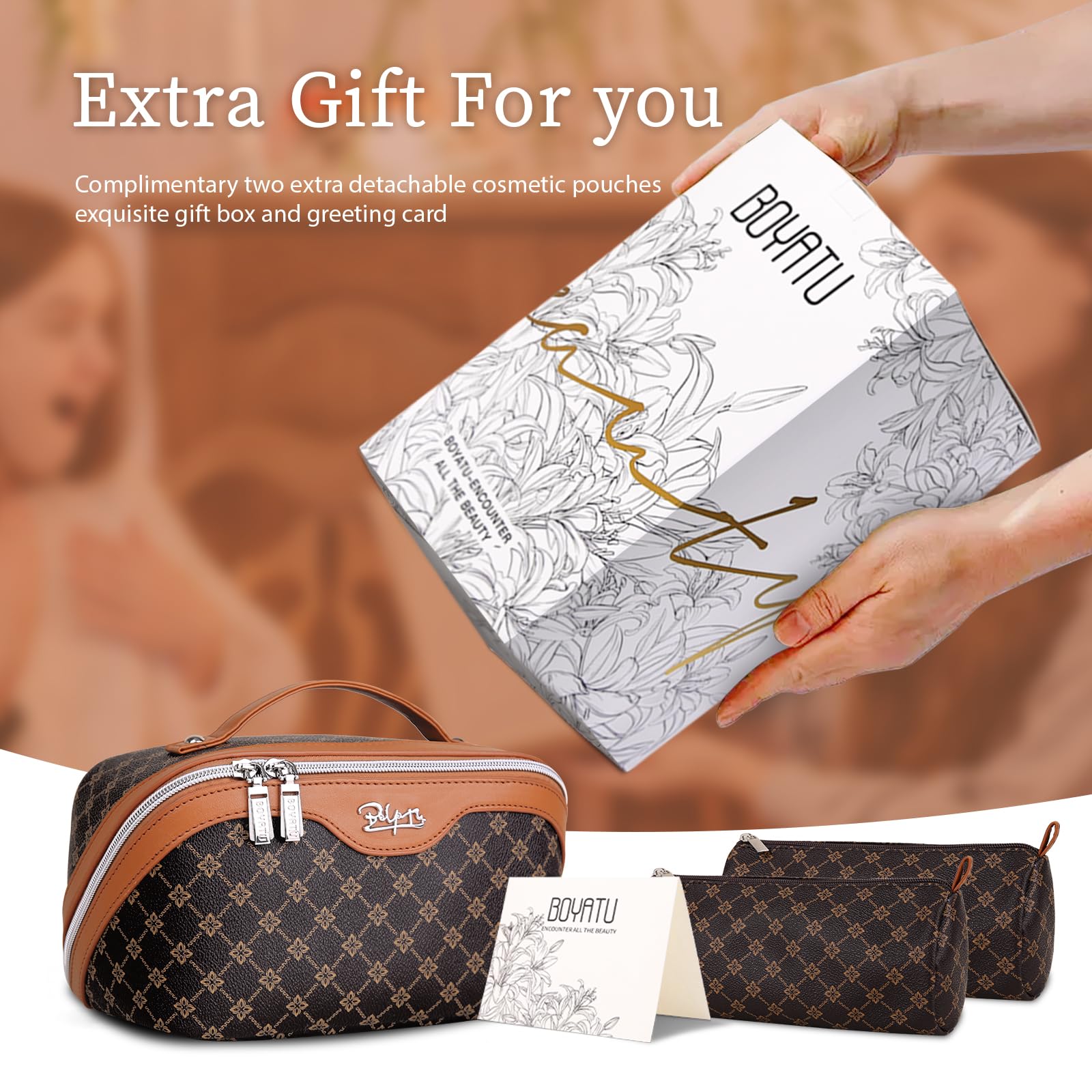 BOYATU Travel Makeup Bag Cosmetic Bags for Women: 3 Pcs Set Large Portable Make up Bag with Handle - Vegan Leather Toiletry Bags with Compartments - Makeup Organizer for Travel Essentials(A-1-Coffee)