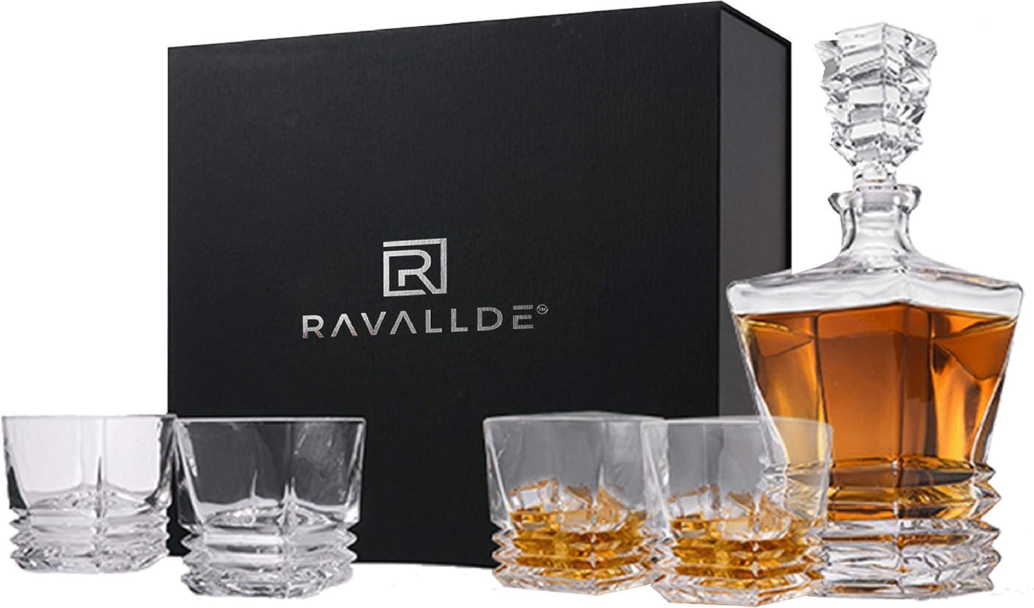 Pacific Whiskey Decanter Gift Set - Unique 5-Piece European Lead-Free Crystal Barware, Classic 27Fl oz Liquor Decanter With 4 Elegant Old Fashioned Glasses For Scotch, Whisky, Rum, Bourbon in Gift Box