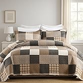 SOElinens Quilts King Size - Plaid Design Rustic Cabin Quilt Set with Matching Shams, 3 Pieces 100% Cotton Lightweight Bedspread Coverlet for King Bed, All Season, Brown/Beige/Charcoal