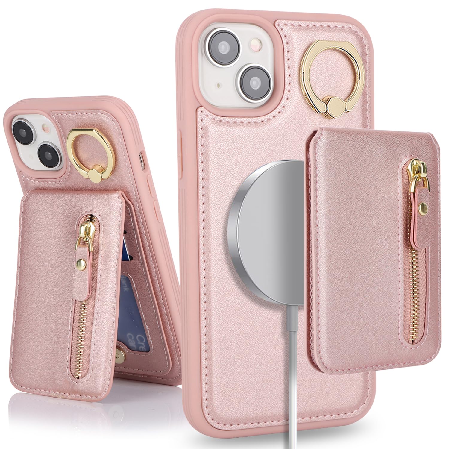SailorTech iPhone 14 Phone Case with Card Holder, iPhone 14 Case Magsafe Ring Stand with Kickstand Card Slots Wallet Detachable 2-in-1 Zipper Case - Pink — image 1