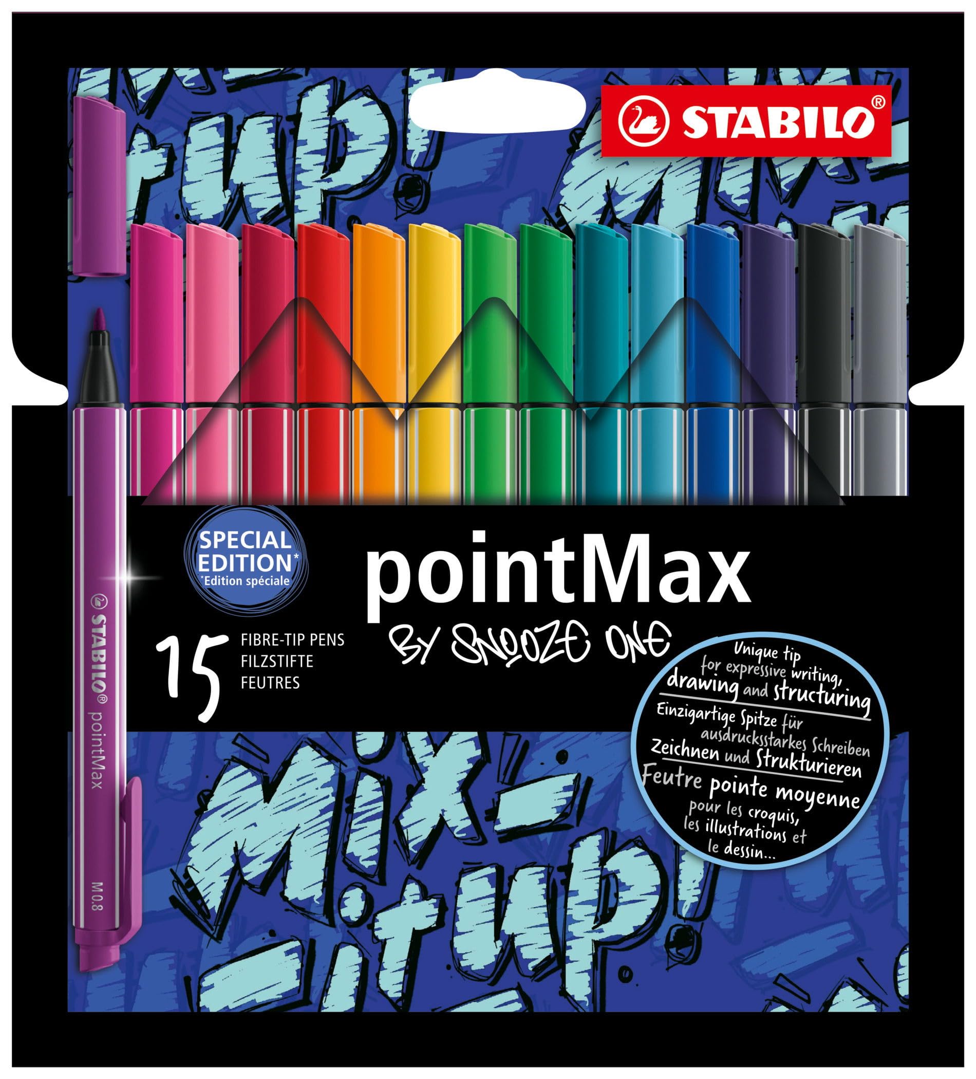 STABILO pointMax - Nylon-Tip Sign Pen - Snooze One Edition - Pack of 15 - Assorted Colours