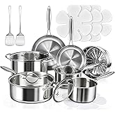 16-Piece Pots and Pans Set, Tri-Ply Stainless Steel Cookware Set with Lids, Non-toxic Kitchen Cooking Set, Dishwasher-Friendly, Induction-Ready, Even Heating, Heavy Duty, Compatible with All Cooktops