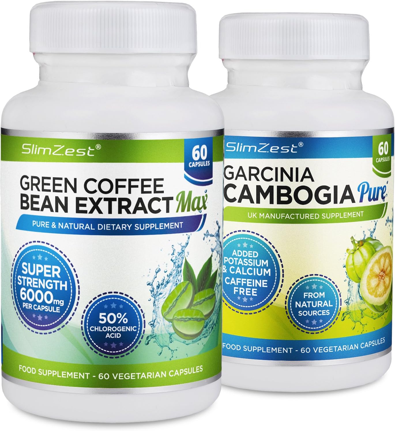 SlimZest - Green Coffee Bean Extract & Garcinia Cambogia Combo - UK Manufactured High Quality Dietary Supplement - Contributes to Normal Macronutrient Metabolism – 300mg 20:1 Extract Providing 6000mg Green Coffee Bean Extract per Capsule 50% CGA - Contains the UK's Best Selling Garcinia Cambogia Wholefruit Supplement - Garcinia and Green Coffee Bean Extract Dietary Supplement (60 x Garcinia Cambogia + 60 x Green Coffee Bean Extract)