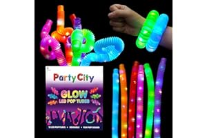 Party City 12pk LED Light Up Pop Tubes 25”- 3 Mode Stretchy Tubes LED Light Up Toys Bulk Glow Sticks Party Favors for Kids Necklaces Bracelets Neon Glow in the Dark Supplies Fidget Sensory Tube Pack