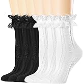 BIVOLU Womens Crew Socks Lace Ruffle Frilly Cotton Cute Princess Ankle Dress Socks for Girl 6 Pack