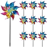 Hausse 10 Pack Reflective Pinwheels Wind Spinner (Assembly Required), Extra Sparkly Rainbow Pinwheel with Stakes, Bird Repellent Blinder Devices Scare Birds Away from Yard Patio Farm Garden, Colorful