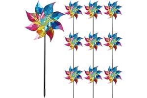 Hausse 10 Pack Reflective Pinwheels Wind Spinner, Extra Sparkly Rainbow Pinwheel with Stakes, Bird Repellent Blinder Devices Deterrent to Scare Birds Away from Yard Patio Farm Garden, Colorful