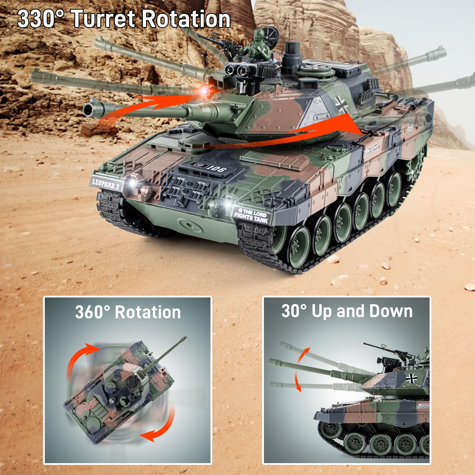 1:18 RC Tank, 2.4Ghz German Leopard II Remote Control Tank Model Toys, Battle Army Tank 15 Channel with Smoke Light and Sound, Military Toy for Adults and Kids That Shoots BBS and Water Bombs