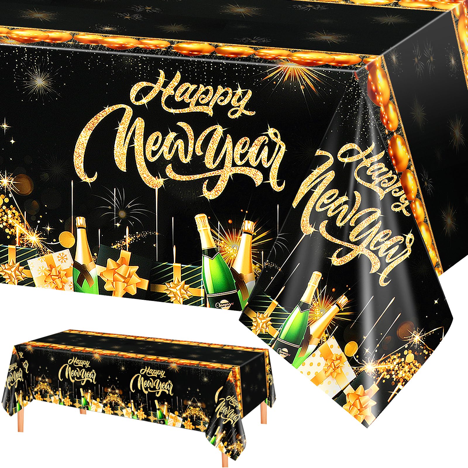 PHOGARY NYE Tablecloth for 2026 Happy New Year Table Decorations, New Years Eve Party Supplies Disposable Plastic Black Gold NYE Table Covers 54 x 108, 2 Pack