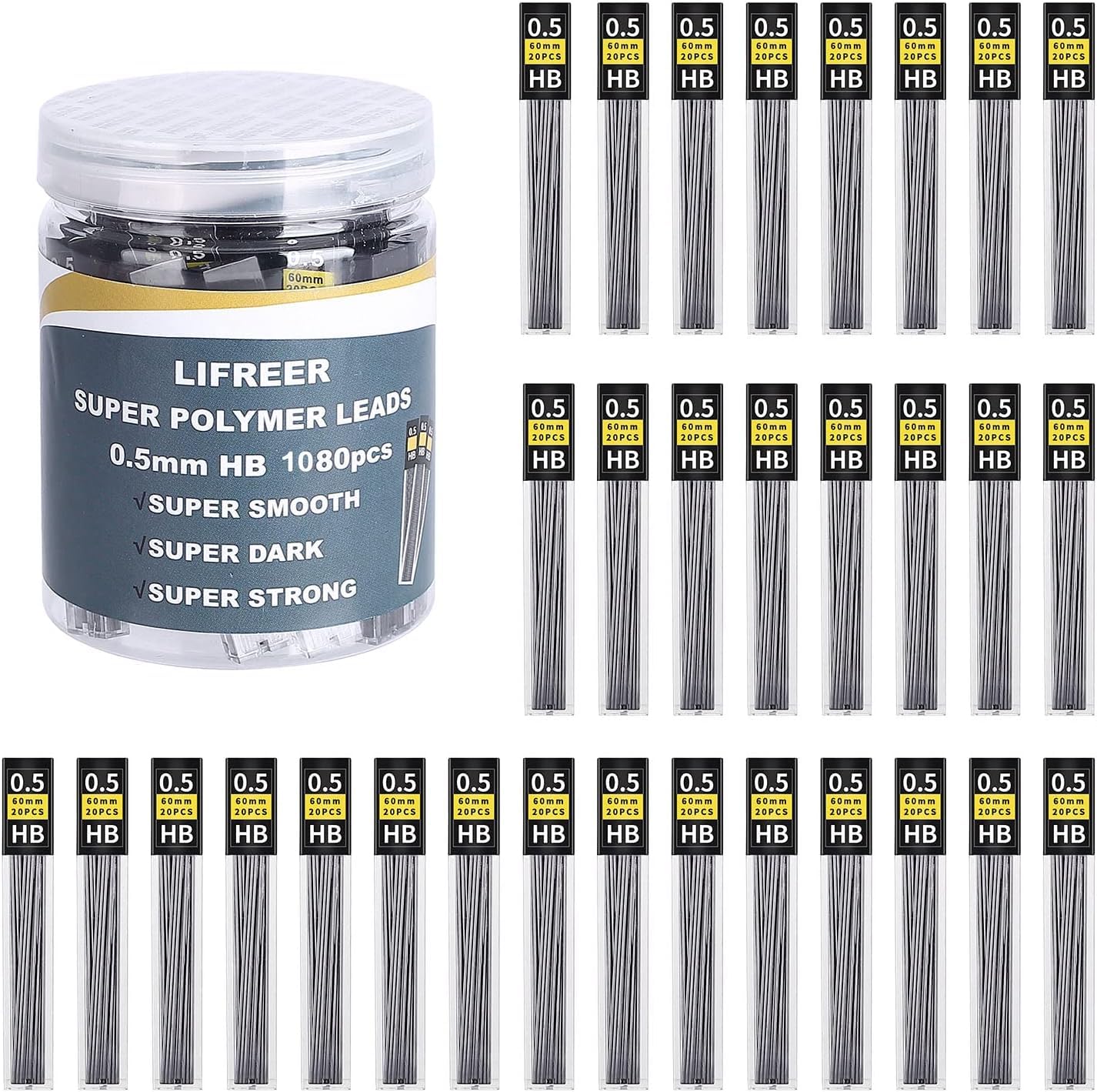 Lifreer 0.5mm Pencil Lead (1080 Pcs), Unbreakable 0.5 mm Lead Refills and 2 Premium Erasers, Long Lasting HB Pencil Lead 0.5 Refill, Mechanical Pencil Lead 0.5mm for Students & Professionals