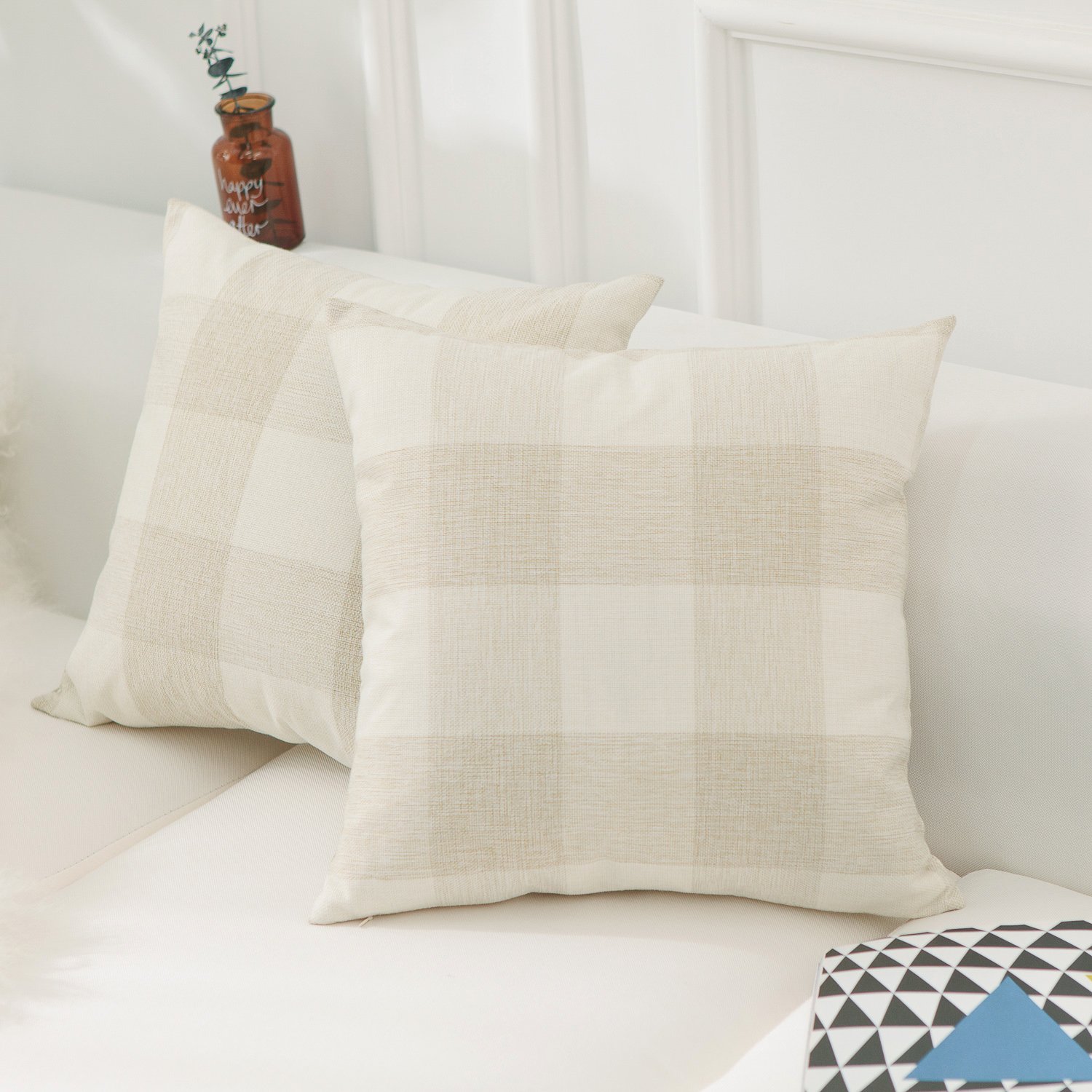 Home Brilliant Beige Cushion Covers Checker Plaid, Faux Linen Check Cushion Covers 45cm x 45cm for Sofa Bed Living Room, Decorative Cushions 18 Inch, Cream, 2 pcs, 45cm — image 1