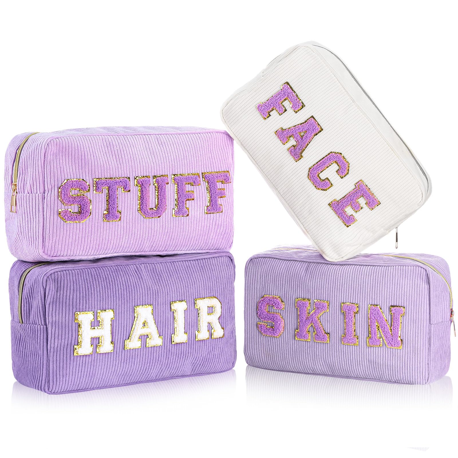 Photo 1 of Pinkunn 4 Pcs Preppy Makeup Bags Chenille Letter Travel Organizer Face Skin Hair Stuff Corduroy Cosmetic Hygiene Toiletry Pouch with Zipper Wedding Birthday Gifts for Women(Purple)