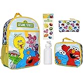 INTIMO Sesame Street Group Cookie Monster Elmo Big Bird 5 PC Mega Set Backpack Lunch Box Pencil Pouch Waterbottle Stickers 17"