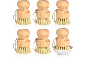 Lainballow 6 Pcs Bamboo Dish Brush, Natural Dish Scrubber, Sisal Scrub Brush with Ceramics Holder, Soft Palm Scrub Brushes wi