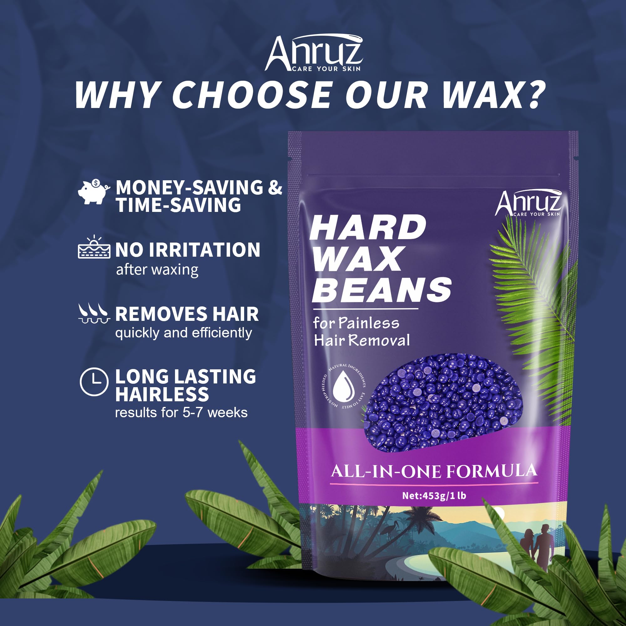 Hard Lavender Wax Beads (1lb) - Professional Hair Removal for Brazilian Bikini, Legs, Underarms, Chest - Home Waxing for Any Warmer