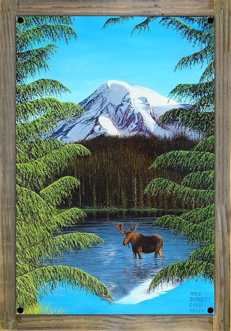 Amazon Com Northwest Art Mall Moose At Mt Rainier Metal Print On Reclaimed Barn Wood From Original Drawing Painting By Artist Mike Bennett 12 X 18 Posters Prints northwest art mall moose at mt rainier