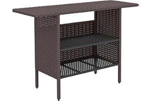 Outsunny 55" Rattan Bar Table, Bar Height Patio Table with 2 Storage Shelves and Steel Frame, Garden Wicker Table for Outdoor