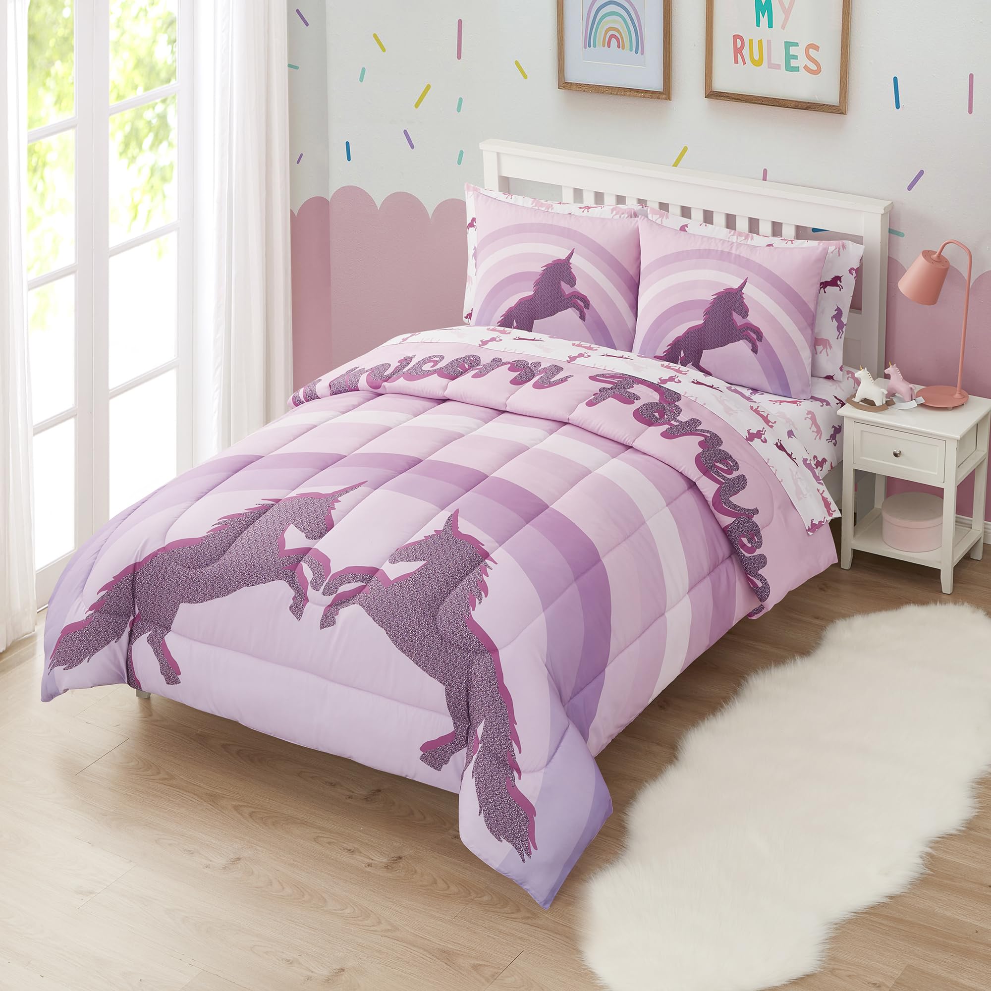 Kids Bedding Set Bed in a Bag for Boys and Girls Toddlers Printed Sheet Set and Comforter, Full, Unicorn Forever Image