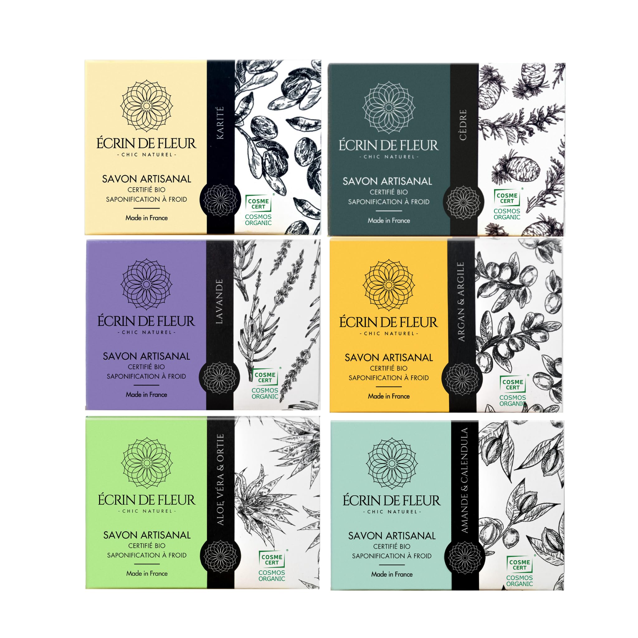 Écrin de Fleur – Organic Artisan Soap Gift Set for Body & Face, Handmade Cold Process, Natural Skincare Bars, COSMOS Organic & Nature et Progrès Certified, 6 x 90g