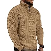Comdecevis Mens Quarter Zip Sweater Long Sleeve Cable Knit Mock Neck Polo Soft Casual Pullover Sweaters