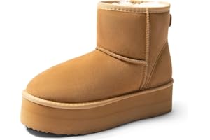 DREAM PAIRS Genuine Suede Classic Platform Boots for Women Water Resistant FuzzyClassic Ankle Winter Snow Low Boots with DIY Bows Faux Fur Lining Memory Foam Anti-Slip